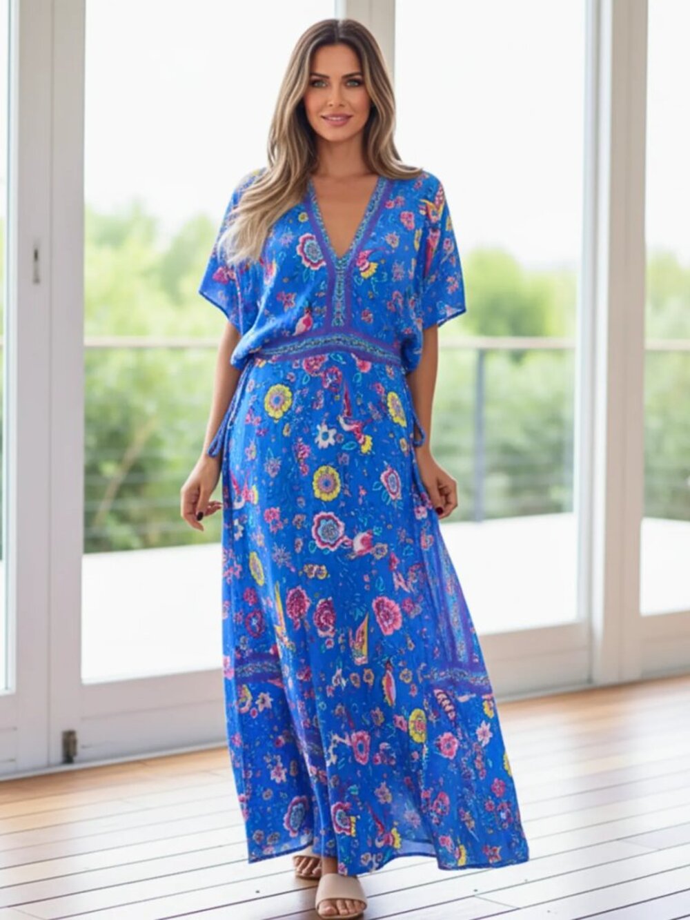 R. Vivimos Floral Paisley Batwing Sleeve Tie Waist Boho Maxi Dress M NWT
